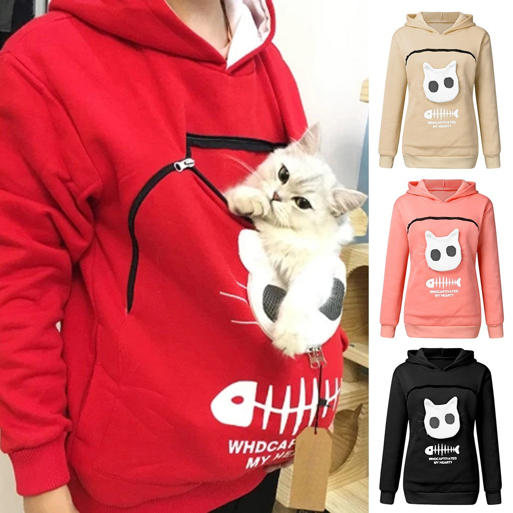 Women's Hoodie Sweatshirt with Cat Pet Pocket Design - PetFindsUSA - PetFindsUSA