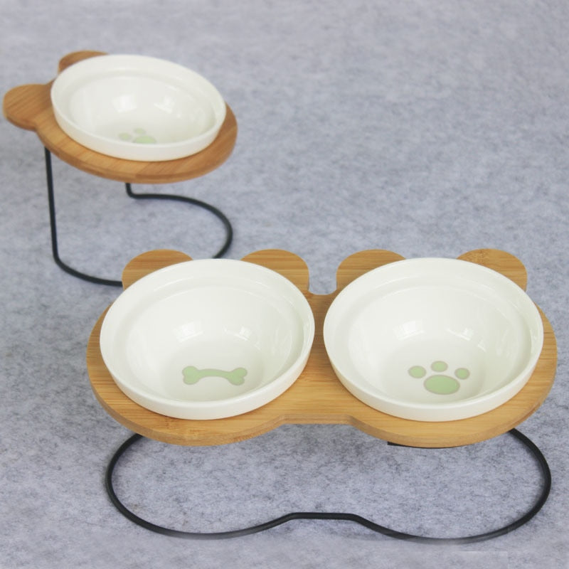 New High-end Pet Bowl Bamboo Shelf Ceramic Feeding and Drinking Bowls for Dogs and Cats Pet Feeder Accessories - PetFindsUSA - PetFindsUSA